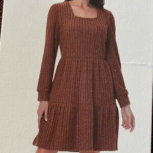 NWT Frye Ribbed Knit Tiered Dress Womens S Rust Orange Pockets Long Sleeve